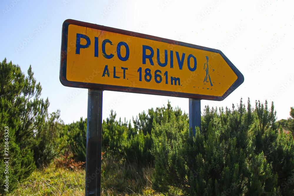 Signpost pointing at the summit of the Pico Ruivo, the highest mountain peak in the center of Madeira island (Portugal) in the Atlantic Ocean