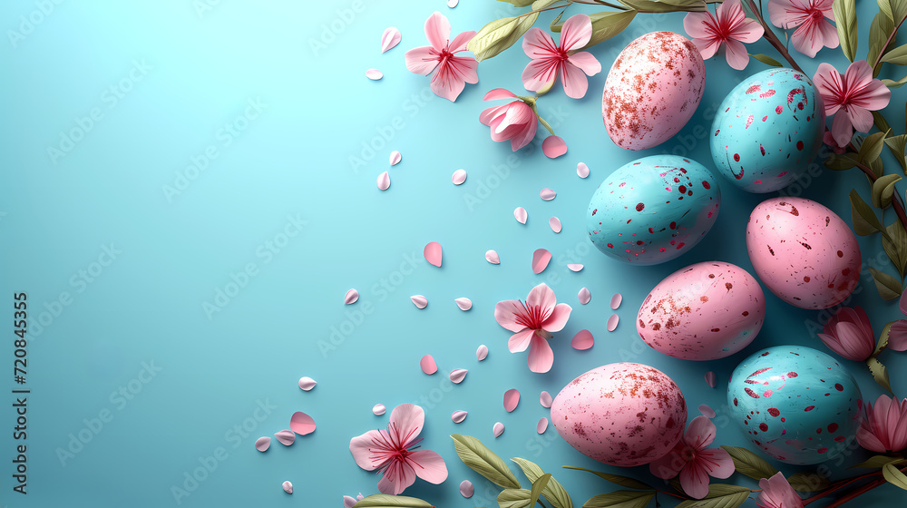 colourful easter eggs on a blue background with pink flower petals, spring 