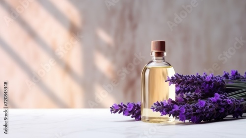 Lavender essential oil in a glass bottle with fresh lavender flowers on a white marble table. Generative AI