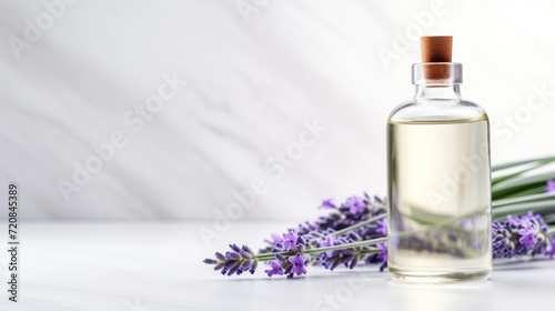 Lavender essential oil in a small glass bottle with fresh lavender flowers on a white background. Generative AI