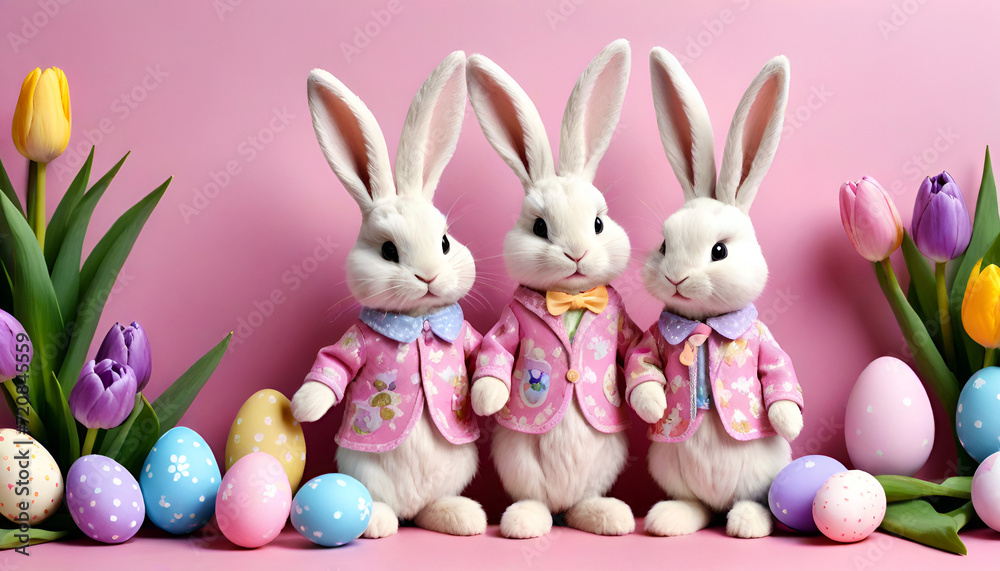 Easter banner Easter bunnies in costumes on a pink background with Easter eggs and tulips Easter banner Easter bunnies in costumes on a pink background with Easter eggs and tulips