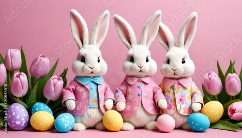 Easter banner Easter bunnies in costumes on a pink background with Easter eggs and tulips
