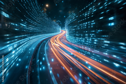 Highway to the digital realm with binary code and light speed trails photo