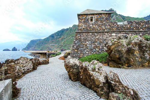 Stone fortress housing the aquarium of Porto Moniz on the north coast of Madeira island  Portugal  in the Atlantic Ocean
