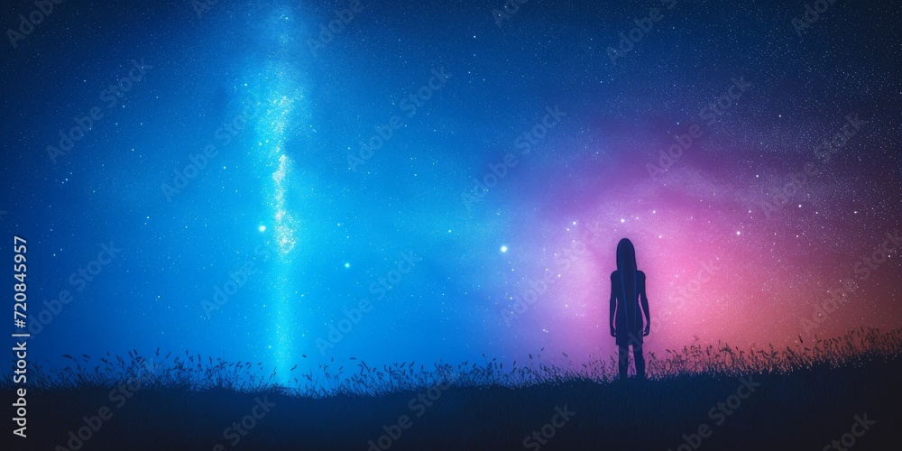 Silhouette of Girl with Cosmic Light Beam: Surreal Nighttime Imagery