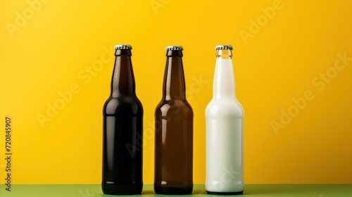 Beer bottle mockup isolated on yellow background. 3d rendering. Generative AI