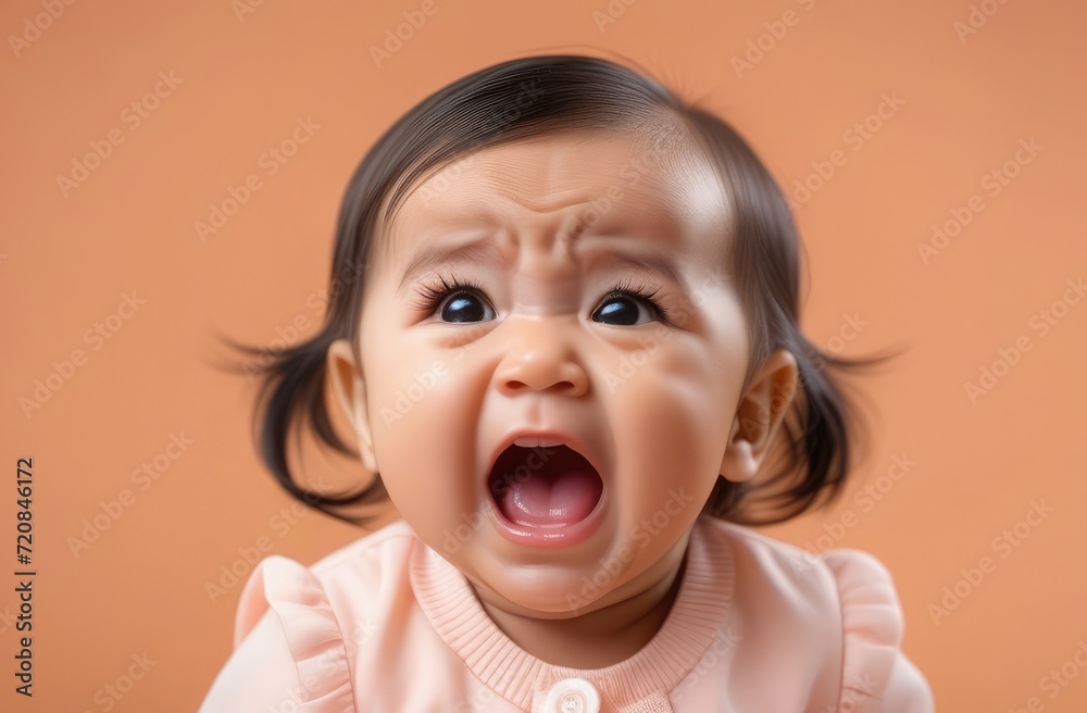 Close-up on small Asian girl toddler crying loudly against beige backdrop in need for baby care Close-up on small Asian girl toddler crying loudly against beige backdrop in need for baby care