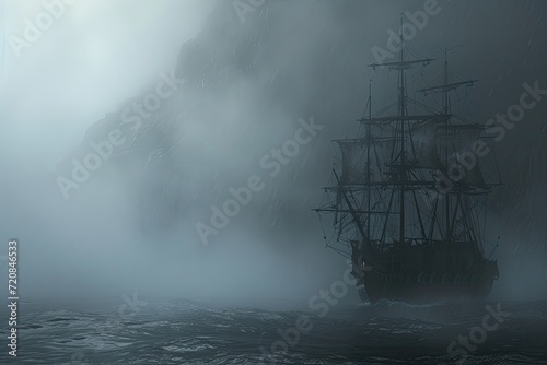 A haunted pirate ship sailing on a mysterious and foggy sea Ghostly ship