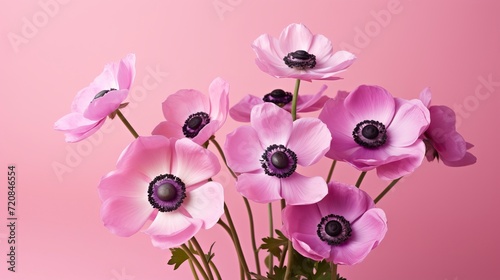 Bouquet of pink anemone flowers on a pink background Generative AI
