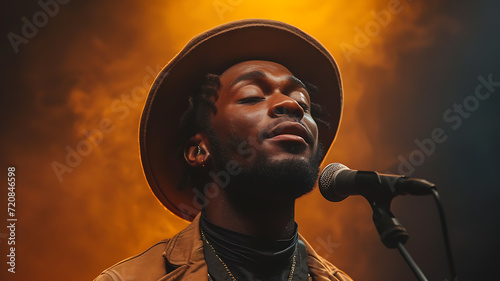 black singer with hat and microphone in concert