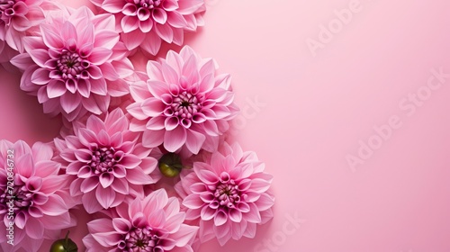 Pink dahlia flowers on a pink background. Place for your text. Generative AI