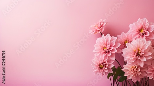 Pink dahlia flowers on a pink background with copy space. Generative AI