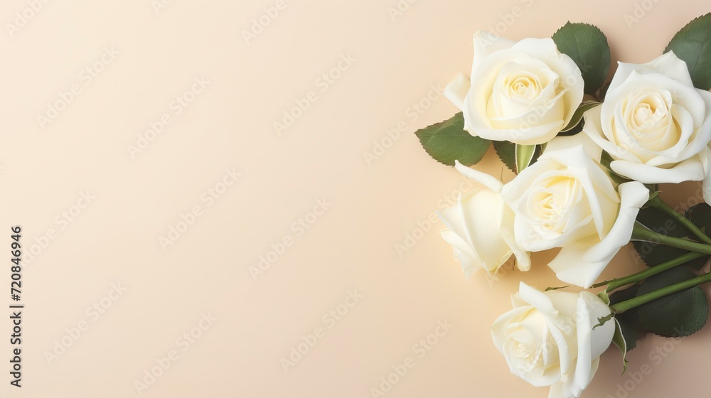 White roses on beige background. Flat lay, top view, copy space Generative AI