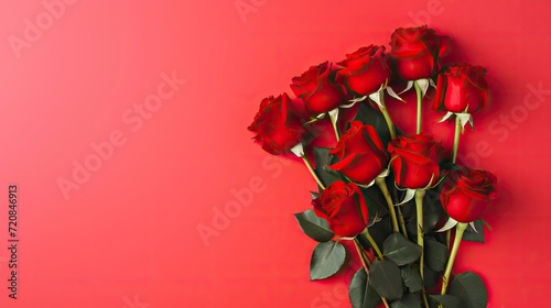 Red roses on red background. Valentines day greeting card. Top view. Generative AI
