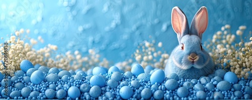 Serene Easter Elegance: Blue Bunny Amidst a Sea of Eggs - Generative AI Crafted