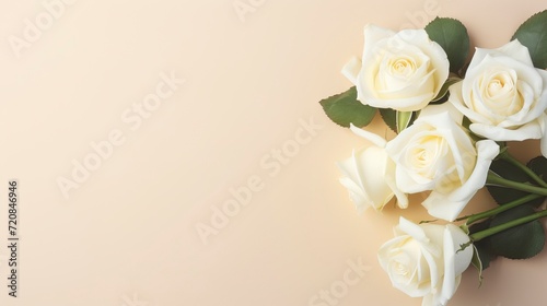 White roses on beige background. Flat lay, top view, copy space Generative AI