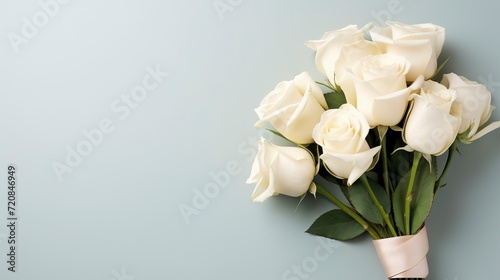 Beautiful bouquet of white roses on blue background. Flat lay  top view. Generative AI