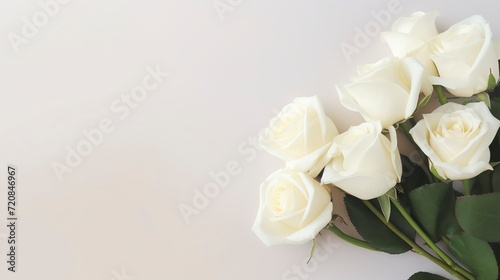 White roses on white background. Flat lay, top view. Valentine's day concept. Generative AI