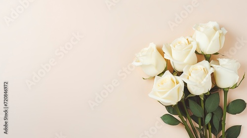 White roses on pastel background. Flat lay, top view, copy space Generative AI © Alex