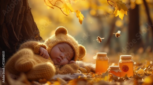 newborn asian baby dressed in bear, lying next to a maple tree with honey jars and bees, autumn photo photo