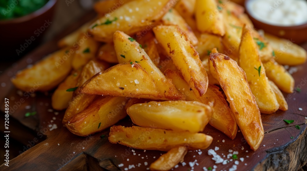 Perfectly roasted potato wedges seasoned with herbs and served with a creamy dip Perfectly roasted potato wedges seasoned with herbs and served with a creamy dip
