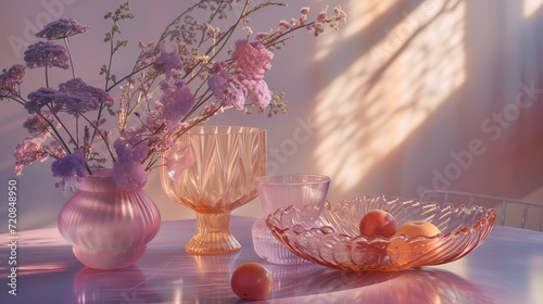 glass vessels, purple orange and pink, with fresh flowers and fruits, ray light and reflection, nostalgia vaporwave aesthetic photo