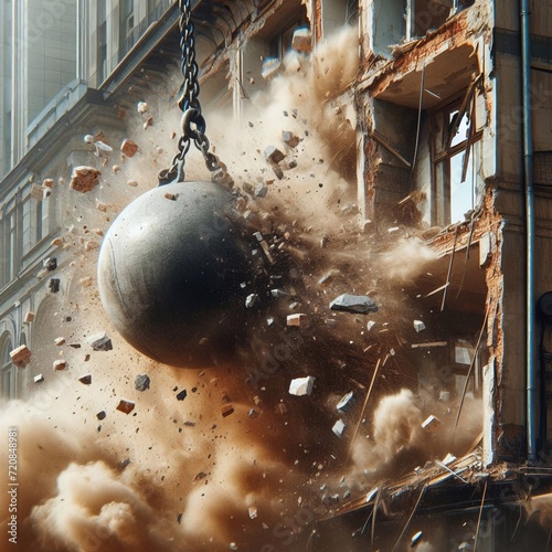 wrecking ball breaking a building wall