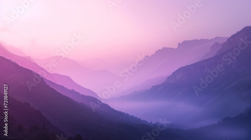 fog mountains pastel dawn, serene ambiance, soft gradations of purples and pinks, peace, panorama hills © pier
