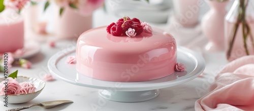 Pink Mirror Glaze Cake on a White Table © AkuAku