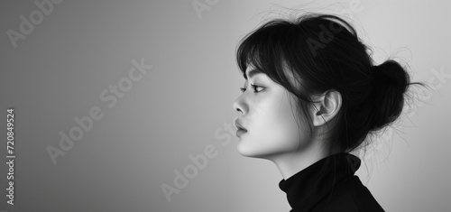 Black and white photo of side profile portrait of an Asian woman, seamless white background, high contrast photo