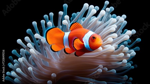 Clown anemonefish (Amphiprion percula) in the sea anemone, isolated on black background. Generative AI