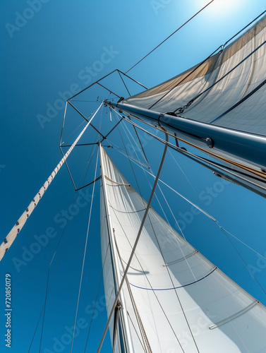 modern sailing yacht, with intricate details of the sail fabric, rigging, and the sleek design of the mast, set against a backdrop of a clear blue sky