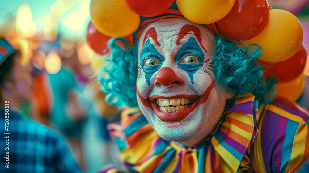 carnival costume and makeup, expressions of laughter and amusement from