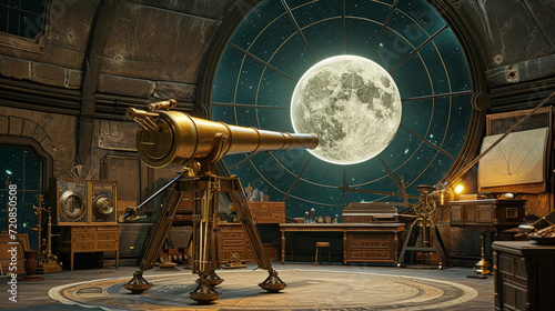 historical observatory interior, with an antique brass telescope pointing out of an open dome towards a full moon, surrounded by vintage astronomical charts and equipment photo