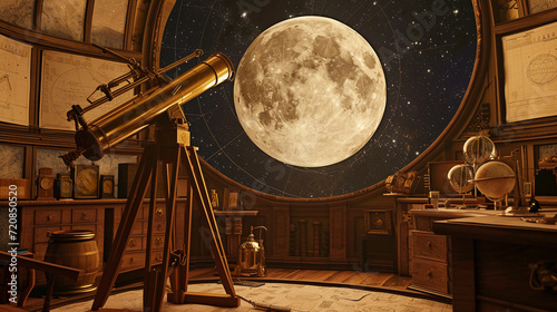 historical observatory interior, with an antique brass telescope pointing out of an open dome towards a full moon, surrounded by vintage astronomical charts and equipment photo