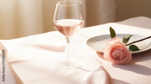 Romantic dinner setting with pink rose and wine glass on white tablecloth Generative AI