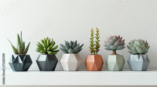 vases in muted tones, each containing a different succulent plant, arranged on a white shelf against a light gray wall