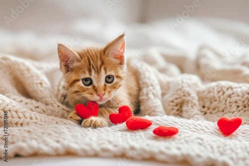 Valentines Day. Kitten playing with red hearts on white bed. Adorable domestic kitty pets concept