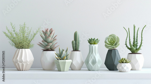 vases in muted tones, each containing a different succulent plant, arranged on a white shelf against a light gray wall photo