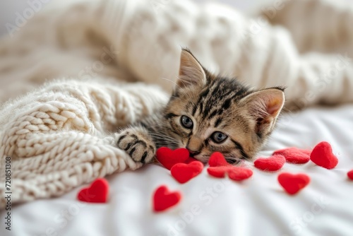 Valentines Day. Kitten playing with red hearts on white bed. Adorable domestic kitty pets concept