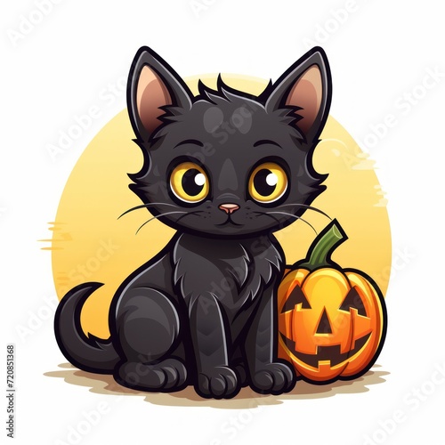 Cute cartoon black kitten sitting next to pumpkin. Halloween vector illustration.