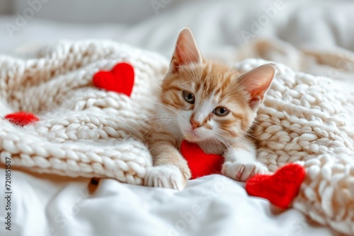 Valentines Day. Kitten playing with red hearts on white  bed. Adorable domestic kitty pets concept © Юлия Тикунова