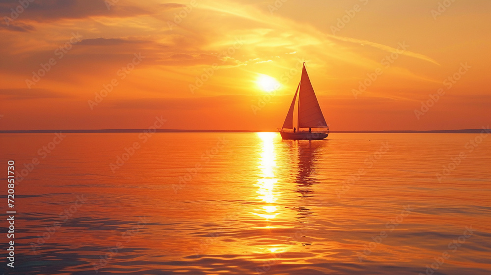 sailboat gracefully navigating the calm waters, sails billowing in the soft wind, golden sunlight reflecting off the water, creating a peaceful and realistic scene