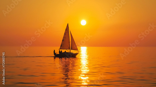 sailboat gracefully navigating the calm waters, sails billowing in the soft wind, golden sunlight reflecting off the water, creating a peaceful and realistic scene