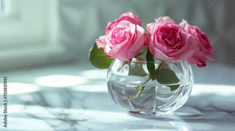 vase containing vibrant roses, placed on a marble countertop with soft lighting highlighting its glossy texture