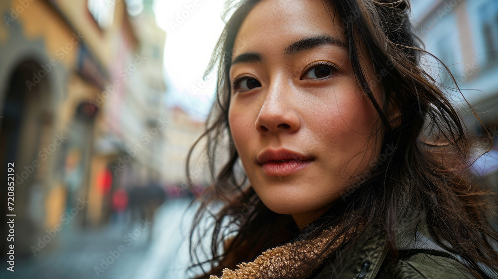 Asian woman looking at camera with city background. Life style and travel concept. AI generative Asian woman looking at camera with city background. Life style and travel concept. AI generative