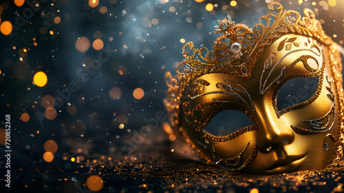 Venetian carnival theater flyer or banner, golden mask on dark background and bokeh with space for text