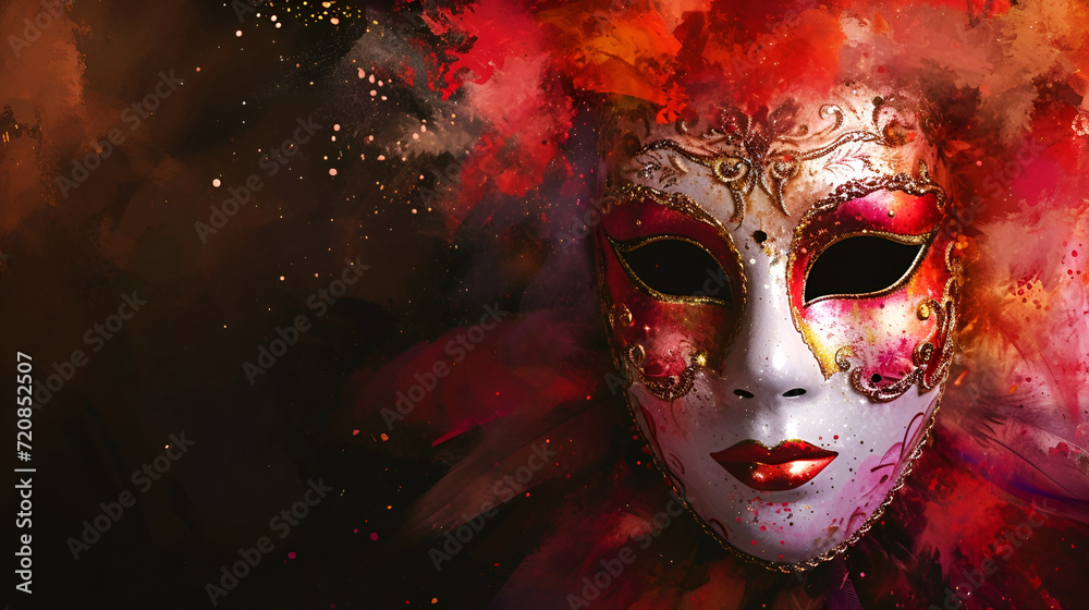 theatrical flyer or banner for the Venice carnival, mask on a dark background with space for text theatrical flyer or banner for the Venice carnival, mask on a dark background with space for text