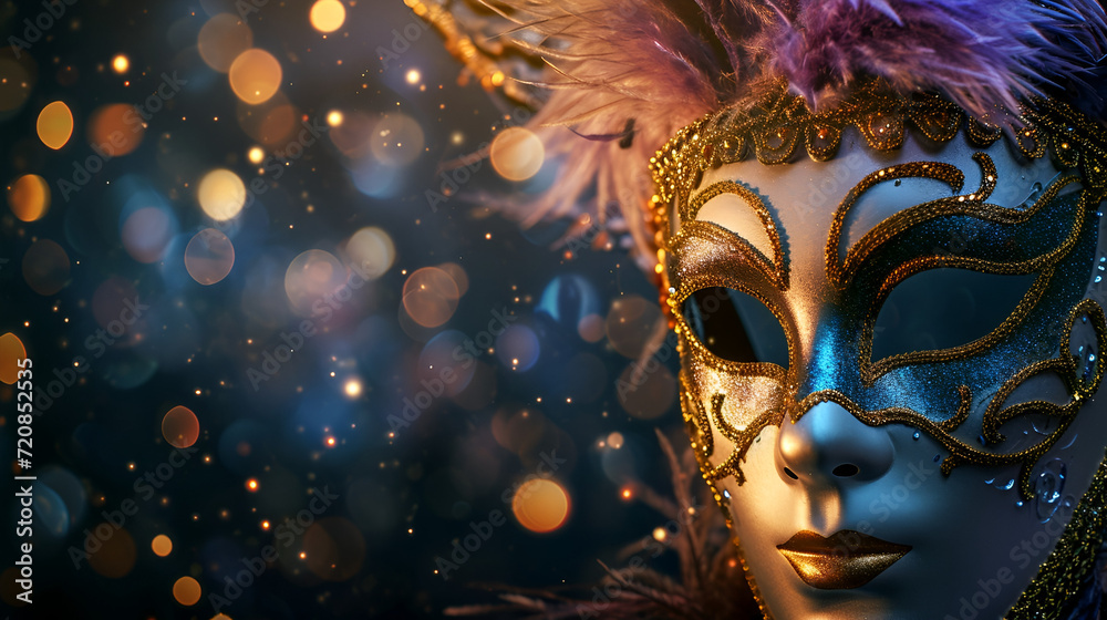 theatrical flyer or banner for the Venice carnival, mask on a dark background with space for text with bokeh theatrical flyer or banner for the Venice carnival, mask on a dark background with space for text with bokeh
