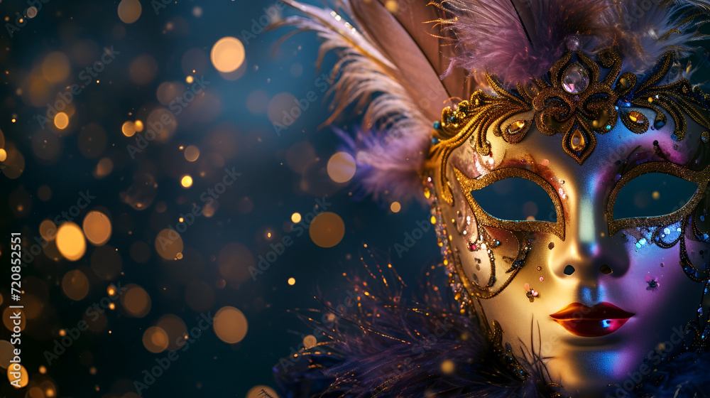 theatrical flyer or banner for the Venice carnival, mask on a dark background with space for text with bokeh